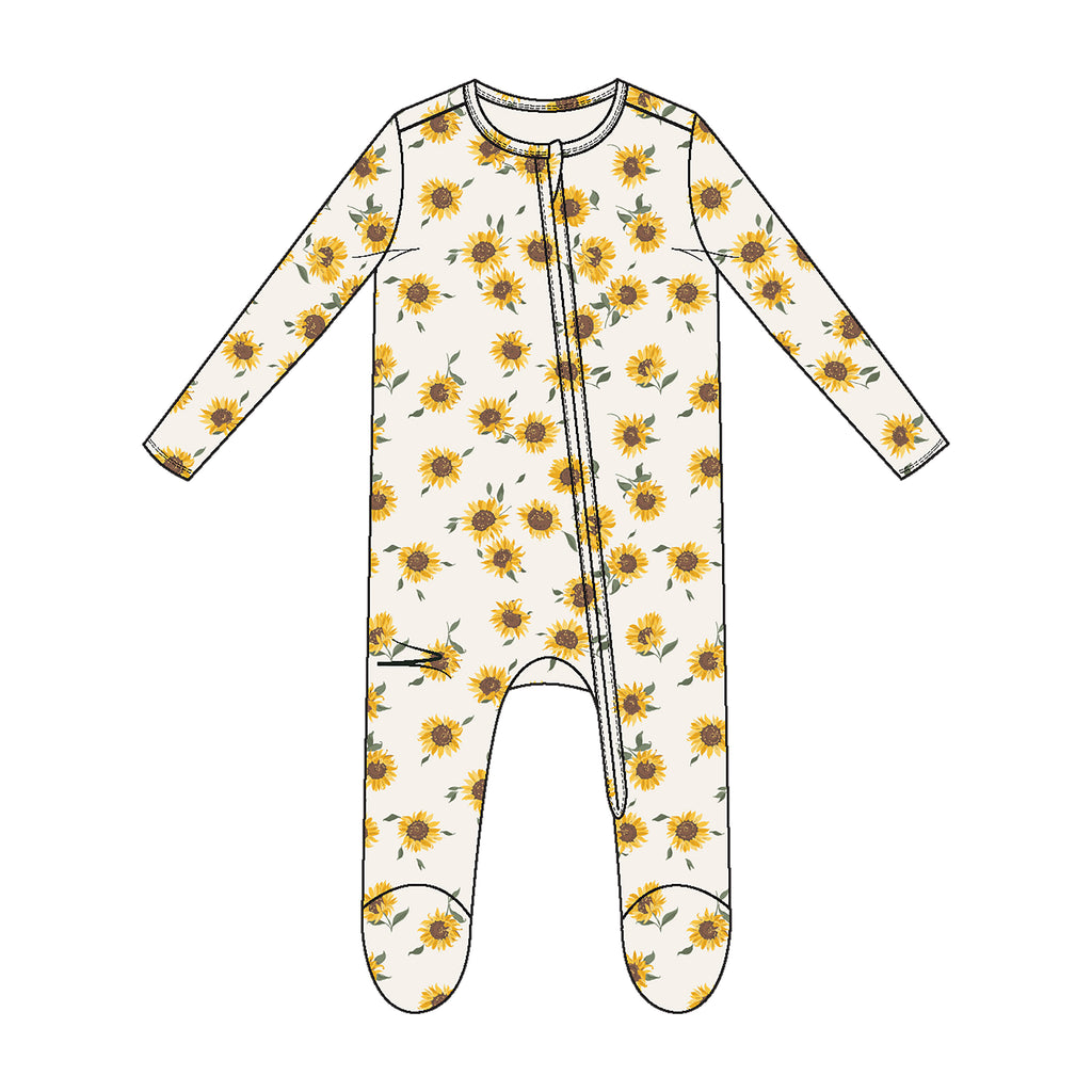 Two-Way Zipper Ruffle Back Ribbed Footie - Baby Sunflowers
