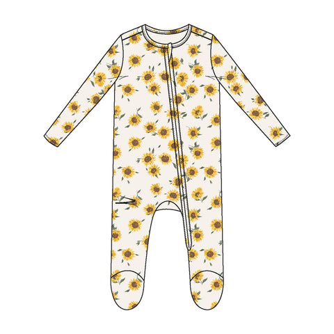 Two-Way Zipper Ruffle Back Ribbed Footie - Baby Sunflowers